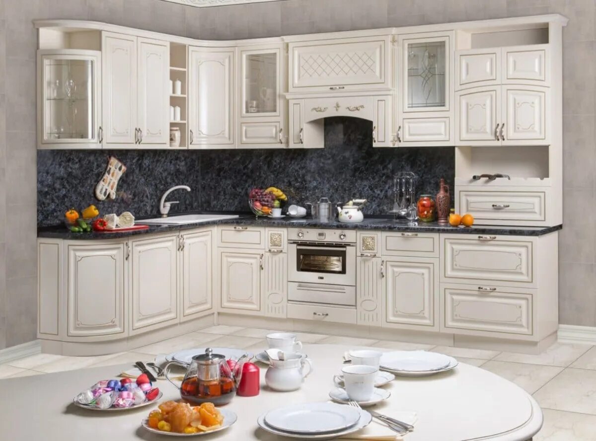 Кухонная мебель в ингушетии фото и цены Кухня Прага угловая 2,0 беж - СКФМ купить в интернет-магазине "Доступная Мебель"