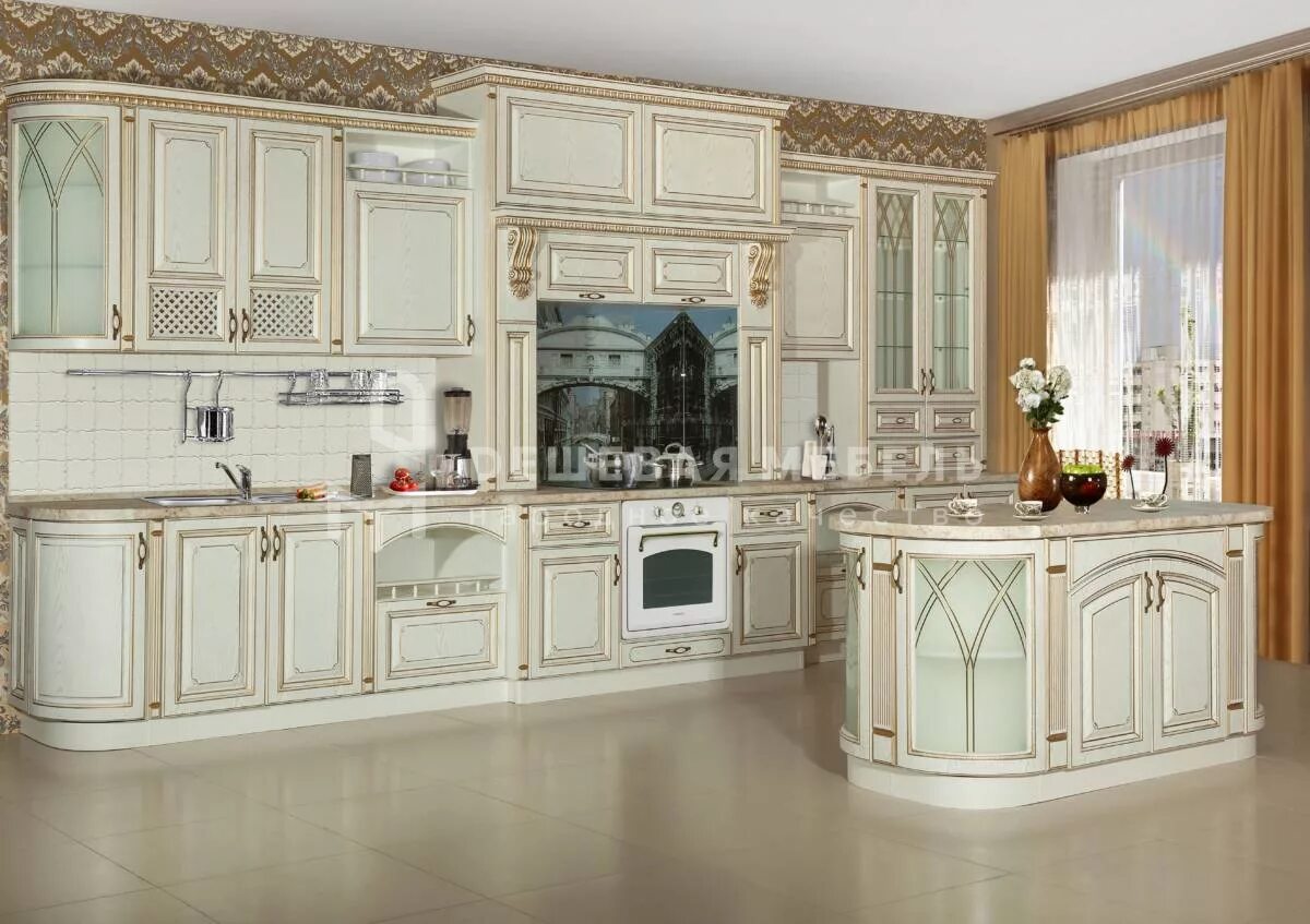 Кухонная мебель в ингушетии фото и цены Недорогая кухня в стиле Классика - "Традиция арт.4", с большим порталом и остров