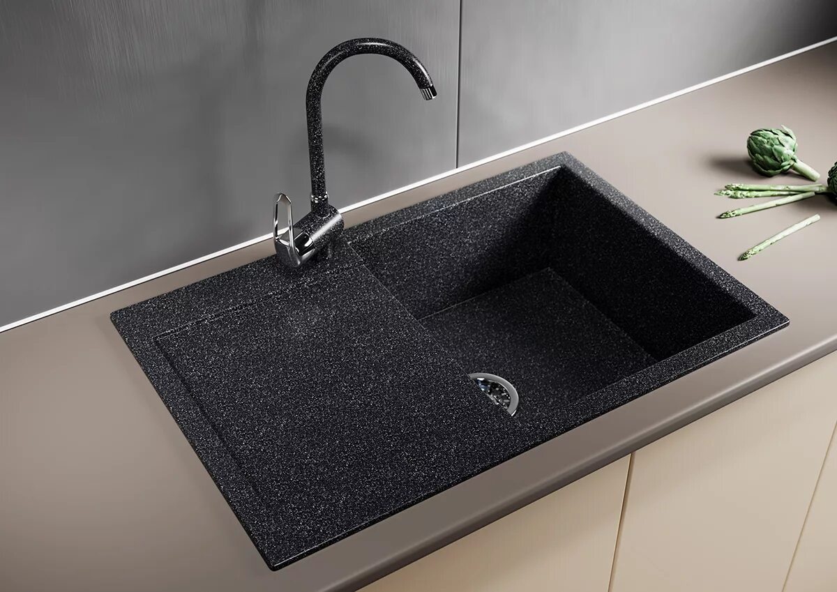 Кухонная мойка фото цена Мойка MIXLINE ML-GM31 с крылом, черная (308), 495*770*190мм - купить с доставкой