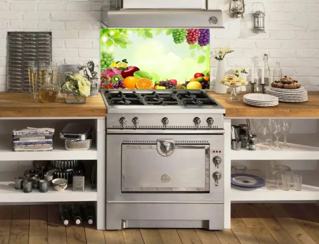 Кухонная плита в интерьере Наклейка интерьерная на кухонный фартук 60 х 90 см. "Апельсины и помидоры на зел