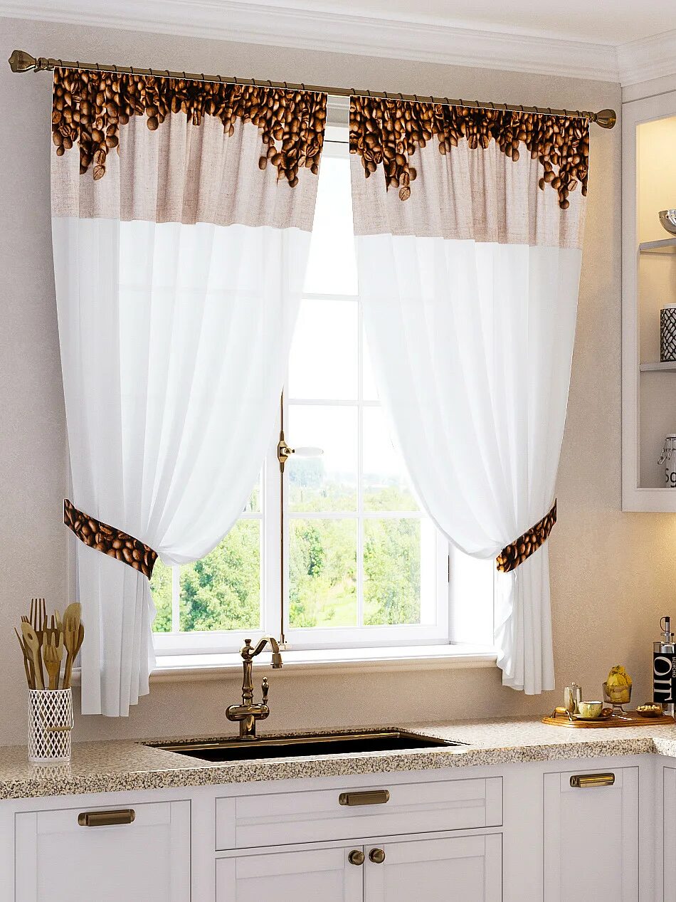Кухонная шторка фото Купить комплект штор "Кофико" белый, бежевый, коричневый по цене 2850 руб. с дос