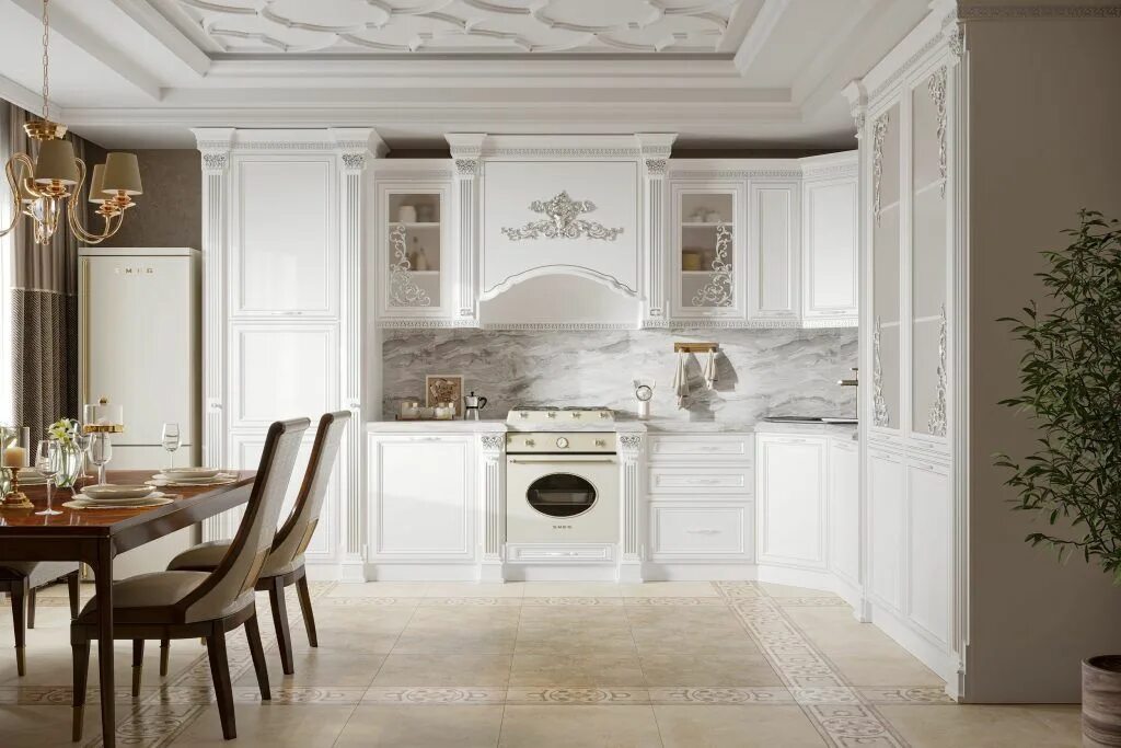 Кухонная венеция фото Кухня модульная Венеция угловая 4,5x2,4 м., стекло, ЛДСП, МДФ, (белый/серебро) к