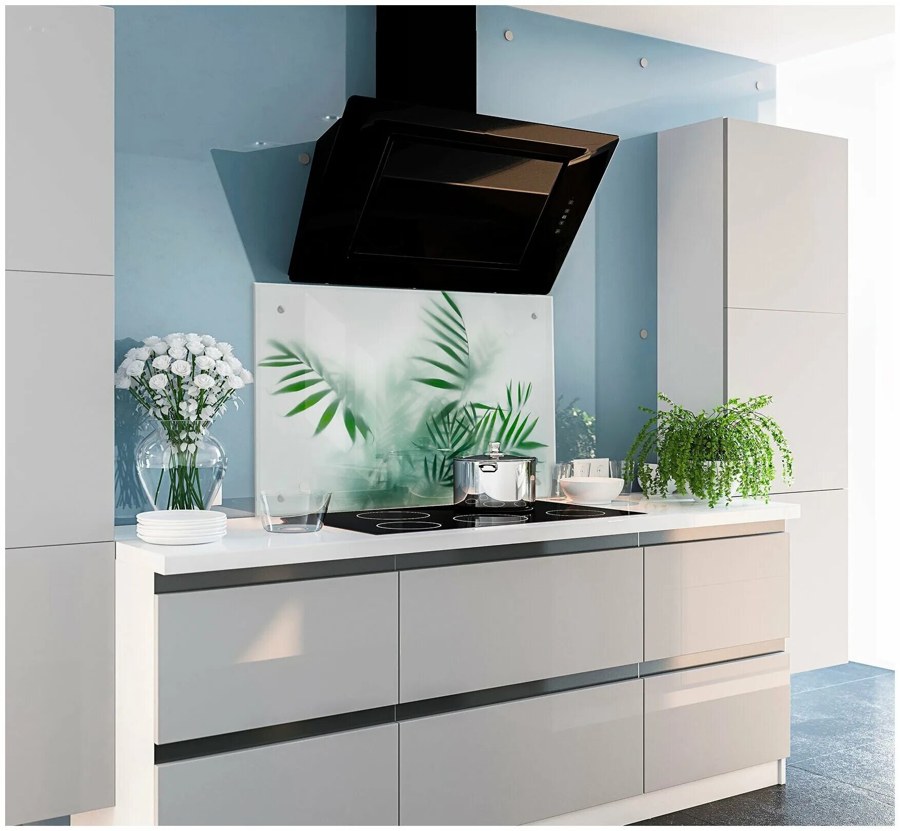 Кухонная вытяжка в интерьере кухни фото Защитный экран из закаленного стекла с уф-печатью "Листья за стеклом" на кухонны