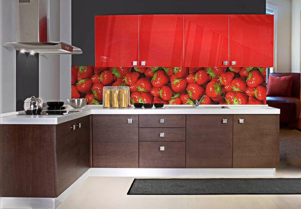 Кухонные фартуки размеры фото Фартук кухонный пластиковый "Клубника" Отделочные материалы в Новосибирске