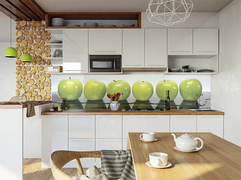 Кухонные фартуки в интерьере кухни фото SP 040 Шесть яблок в интерьере - Фасады и кухни на заказ в СПб, столешницы