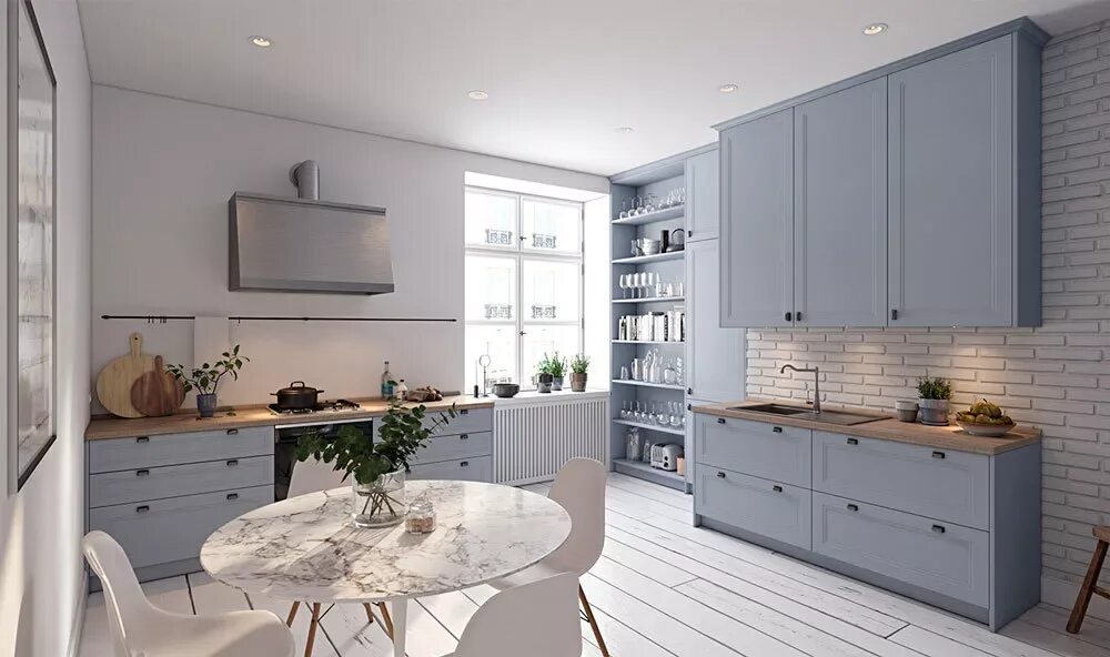 Кухонные фасады фото в интерьере Кухня AGT Ice grey с многофункциональным островом