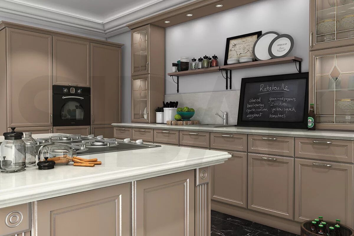 Кухонные фасады в интерьере Дизайн интерьера кухни в кофейно-молочном цвете, сочетание ярких акцентов