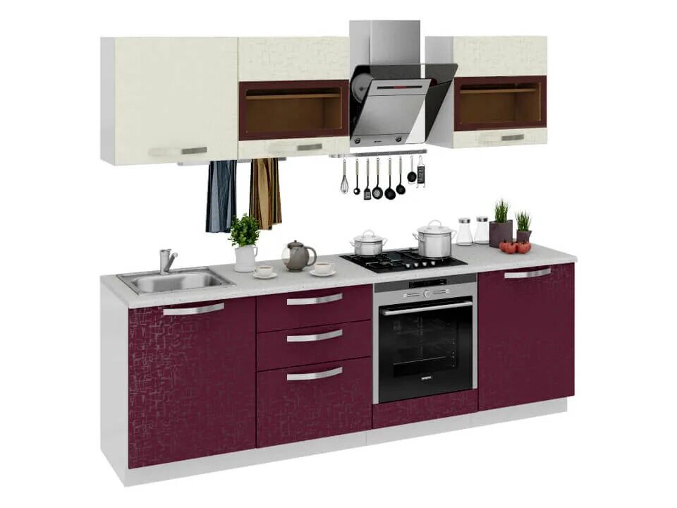 Кухонные гарнитуры фото кострома Кухонный гарнитур Синга Крем, Баклажан 2,4м h60 - купить в Челябинске на Дом74ме