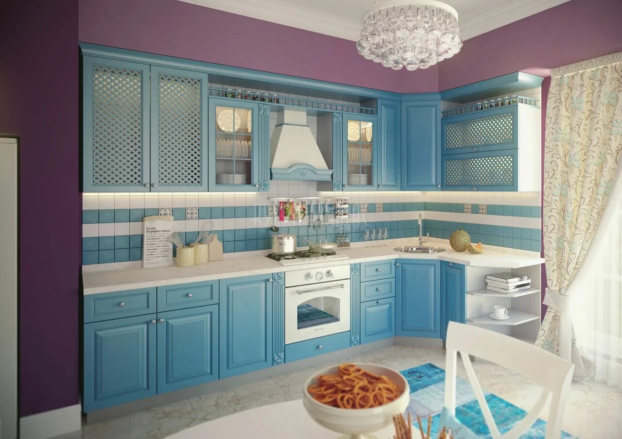 Кухонные гарнитуры голубого цвета фото Большая угловая кухня "Милагрос" с голубыми фасадами из массива: купить кухню по