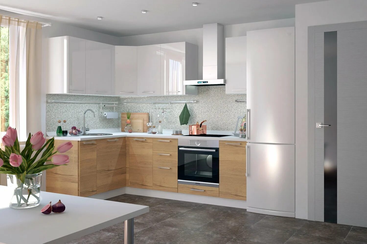 Кухонные гарнитуры хофф каталог цены фото Модульный кухонный гарнитур Амика 2,41х1,51 м белый/дуб Галифакс - купить по цен