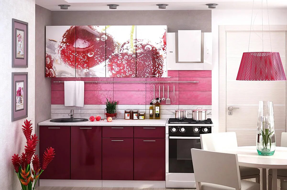 Кухонные гарнитуры интерьер кухни фото Кухня: ВИШНЯ * размер: 1600 мм., 1800 мм., 2000 мм., (прямая кухня)