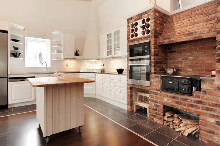 Кухонные гарнитуры из кирпича фото Интересный дизайн современной кухни с русской печкой