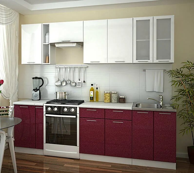 Кухонные гарнитуры ижевск фото Прямая кухня Валерия-М, металлик белый/гранат 2550 мм МДФ