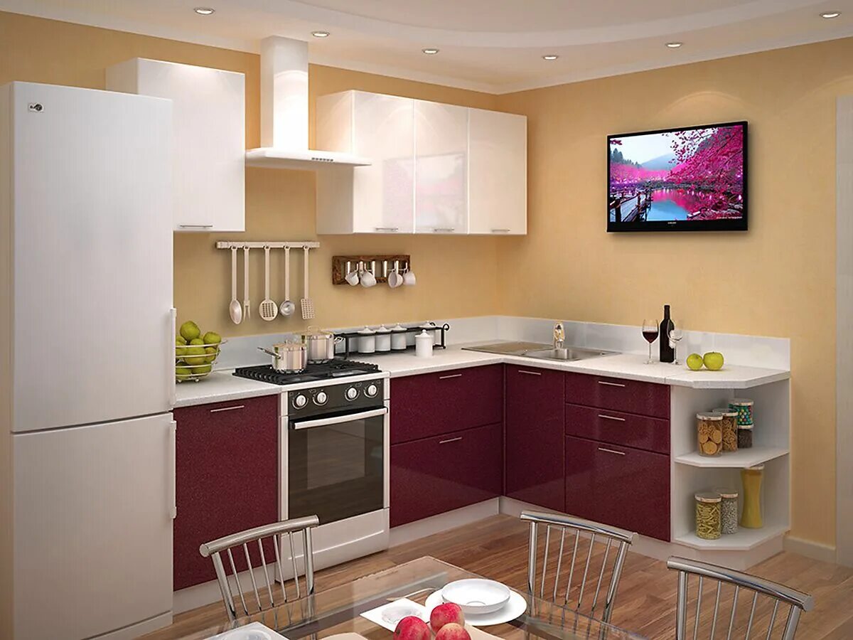 Кухонные гарнитуры картинки фото угловые Купить кухню Валерия-М, цвет белый металлик / гранат металлик арт. 65724 - 35710