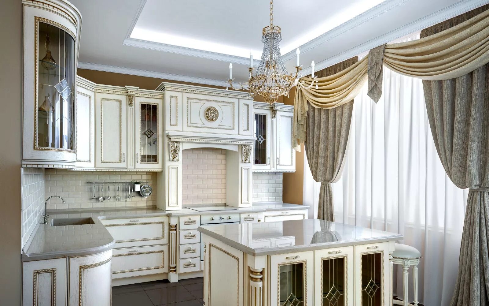 Кухонные гарнитуры классического стиля фото Кухня 13 кв м в классическом стиле с патинированными фасадами и витражным стекло