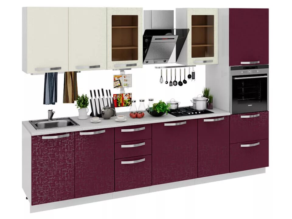 Кухонные гарнитуры примо фото Кухонный гарнитур Синга Крем, Баклажан с пеналом 3,0м h72 - купить в Челябинске 