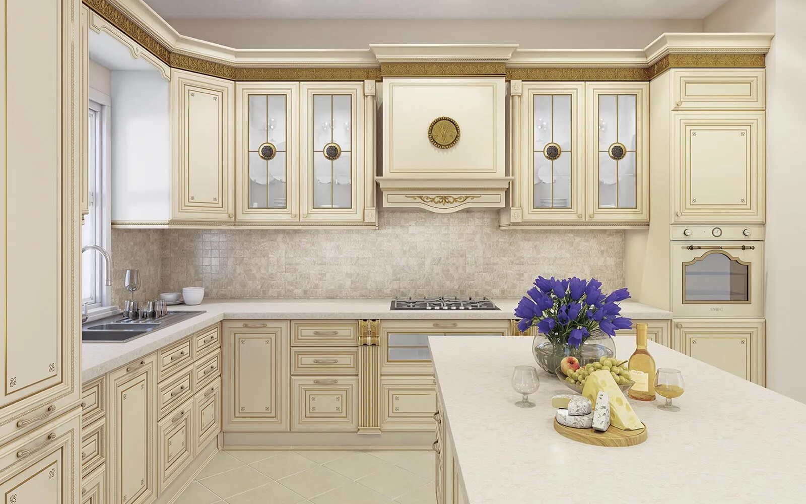 Кухонные гарнитуры слоновая кость фото Кухня Лукреция золотая Itacom