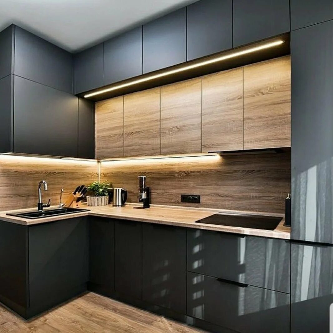 Кухонные гарнитуры современные дизайн и интерьер фото 2-ярусная кухня МДФ краска и шпон - Кухни на заказ в Ростове-на-Дону