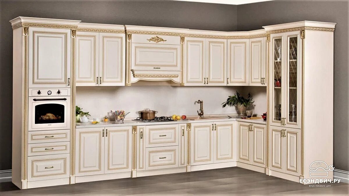 Кухонные гарнитуры ставрополь фото Кухня угловая 4,29х2,33 "Белла" (Бежевый/Золото) (МДФ/Лак) /Sk/Am. Купить Кухни 