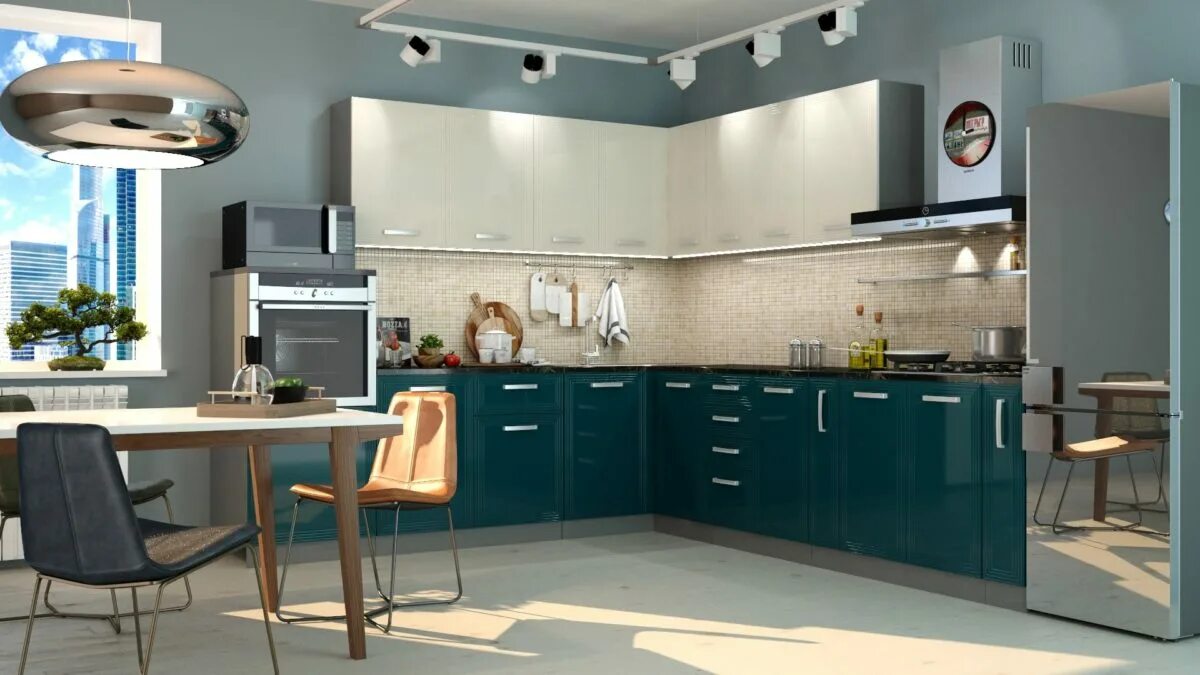 Кухонные гарнитуры цветовая гамма современные фото Кухонный гарнитур угловой 2,6*3,0м "Виста" белый глянец + океан глянец (иц) - "В