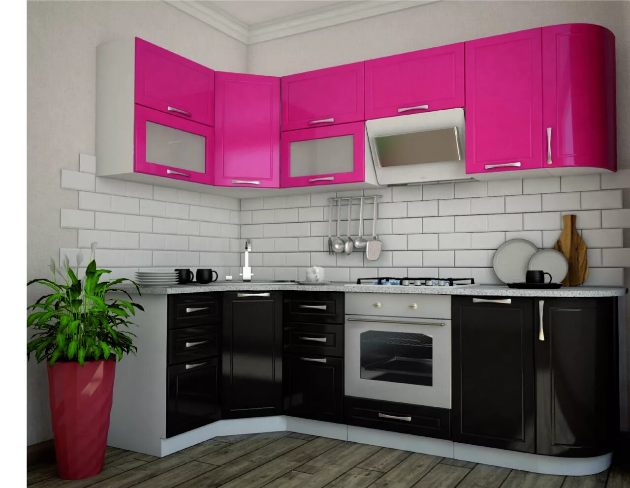 Кухонные гарнитуры в караганде фото Угловая кухня со стеклянными фасадами на заказ