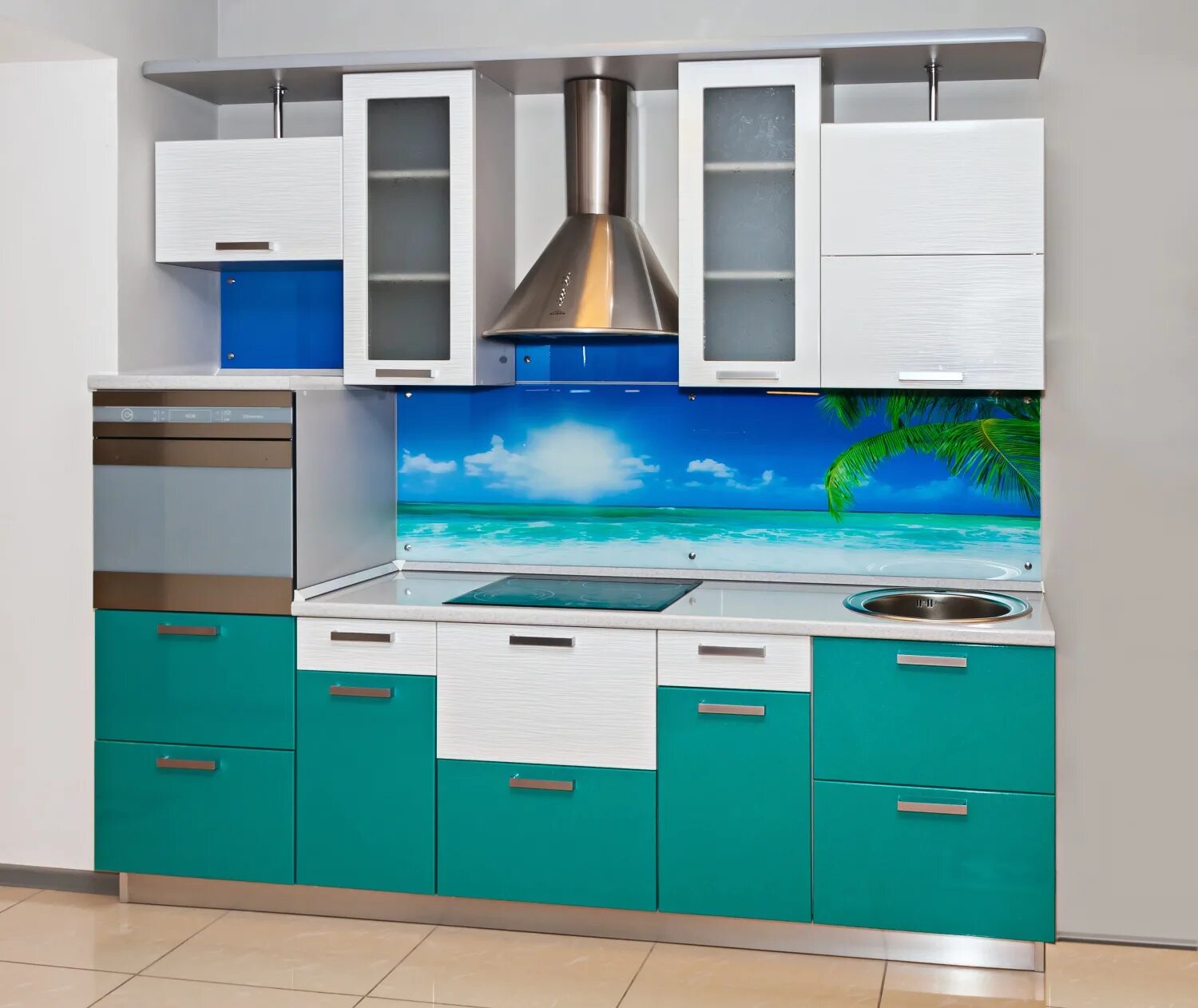 Кухонные гарнитуры в тюмени недорого фото Современная кухня "модерн" (белый страйп / морская волна), купить кухню в Тюмени