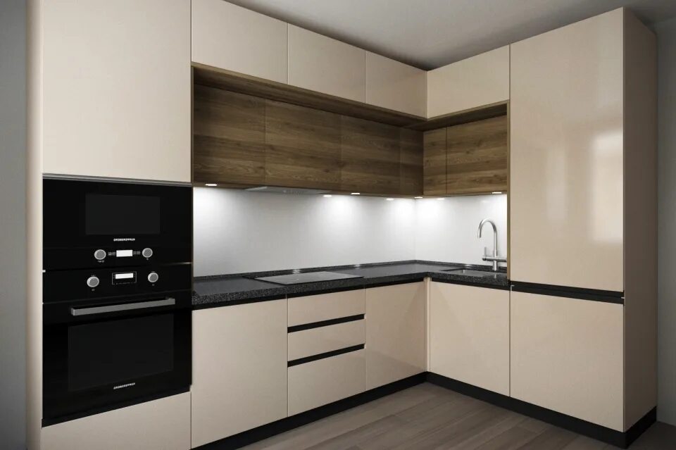 Кухонные гарнитуры встраиваемые фото Кухонный гарнитур бежевый пластик глянец от производителя в Москве