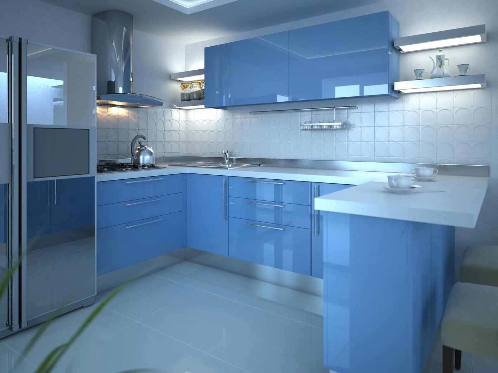 Кухонные глянцевые фасады с голубой столешницей фото Голубая угловая кухня: найдено 89 изображений