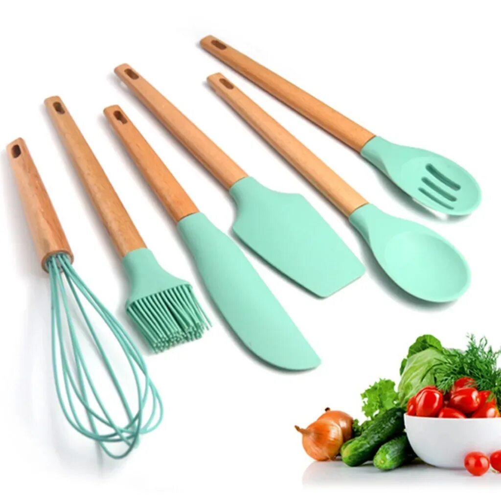Кухонные инструменты и приспособления фото и названия 6pcs Kitchen Utensil Set Silicone Cooking Tools Set Household Wooden Koken Geree