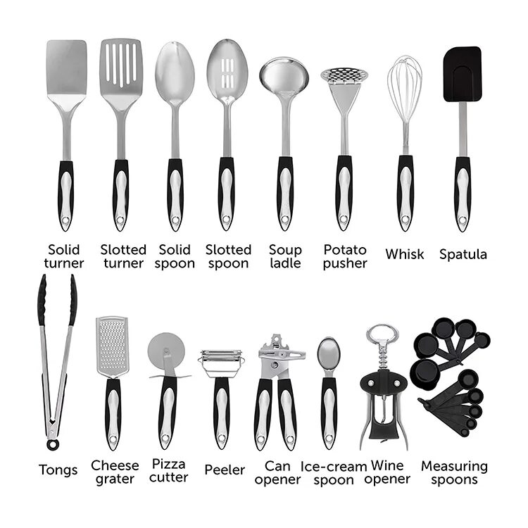 Кухонные инструменты и приспособления фото и названия Stainless Steel Kitchen Utensil Set - 25 Cooking Utensils - Nonstick Kitchen Ute