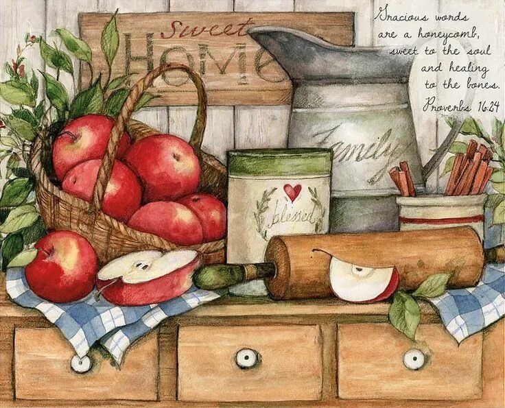 Кухонные картинки фото Susan Winget - BOUNTIFUL BLESSINGS - Apples and Pitcher (Scripture) Painting, De