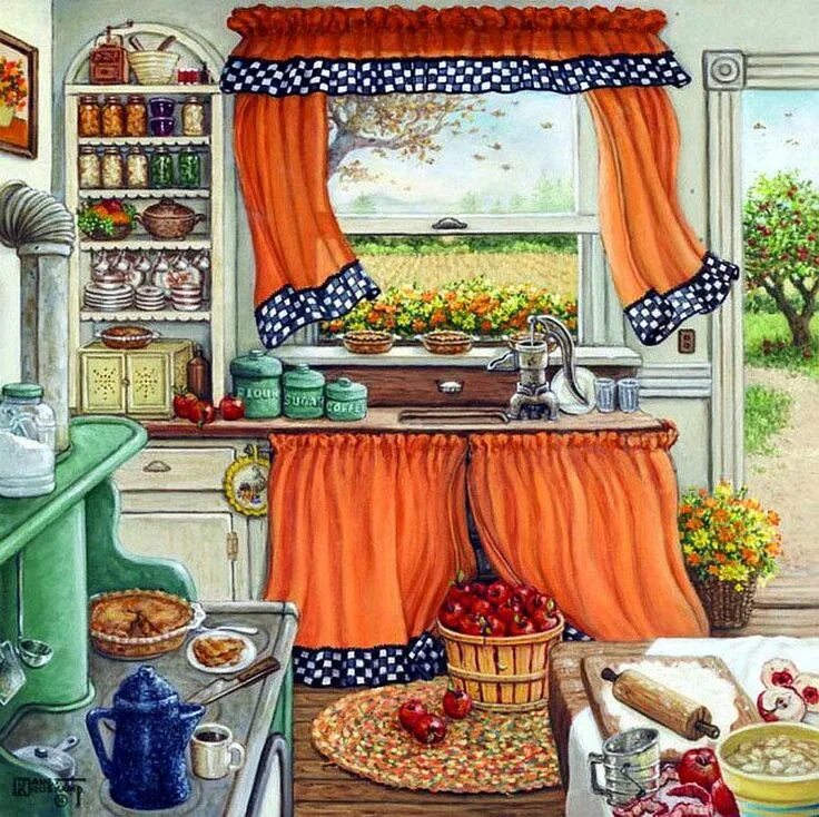 Кухонные картинки фото Еще славных печечек и пирогов от Janet Kruskamp Country art, Kitchen art, Painti