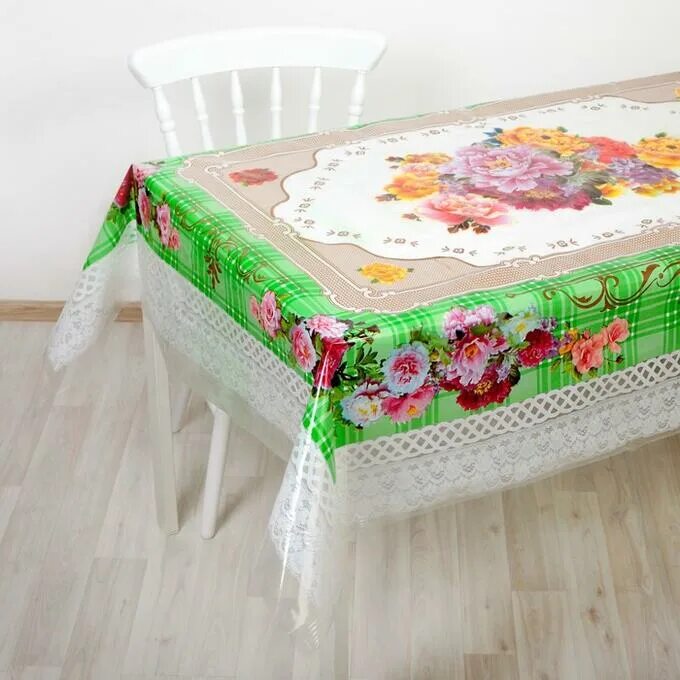 Кухонные клеенки фото Клеенка ПВХ 140х180 см "Букет", рулон 20 шт , цвет зеленый декор для кухни. Стол
