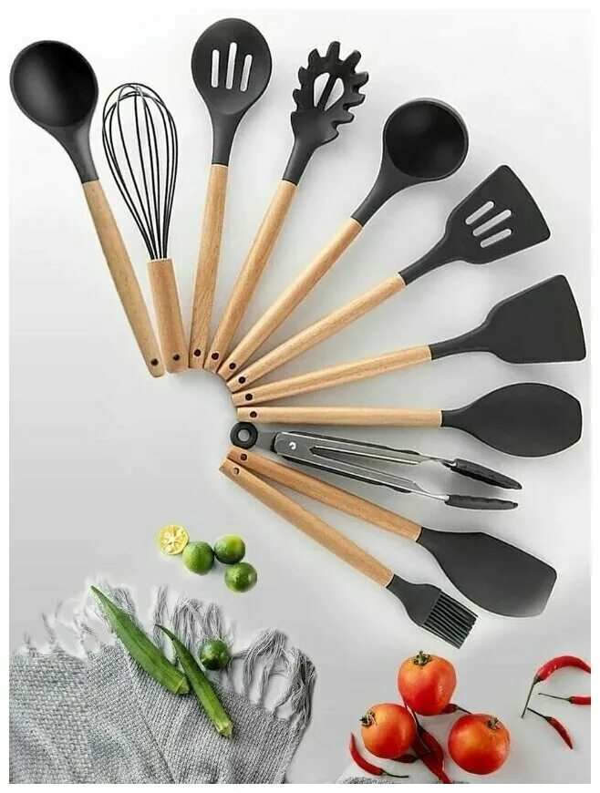 Кухонные комплекты фото Набор кухонной утвари с подставкой - дерево/силикон, 12 предметов / Набор лопато