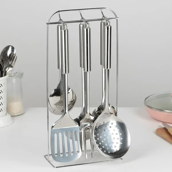 Кухонные комплекты фото Набор кухонных принадлежностей "Металлик", 6 предметов, на подставке, нержавеюща