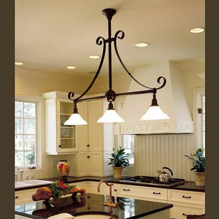 Кухонные люстры фото Three Light Scroll Chandelier with 2-1/4" shade holders Country kitchen lighting