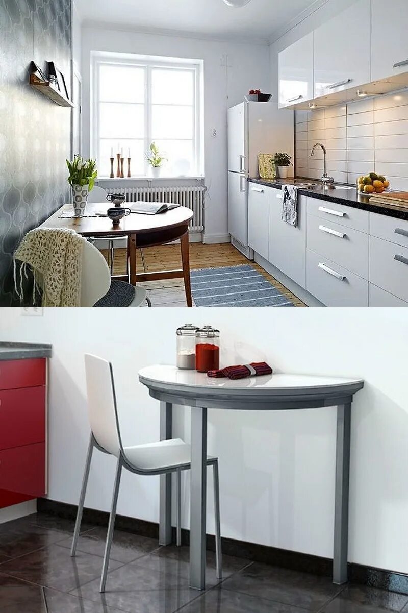 Кухонные маленькие столы в интерьере Полукруглый стол для кухни к стене раскладной