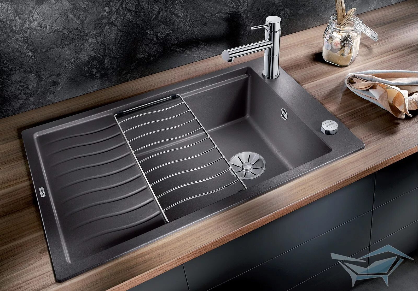 Кухонные мойки фото Кухонная мойка Blanco Elon XL 6S, клапан-автомат, тёмная скала 524835 - купить с