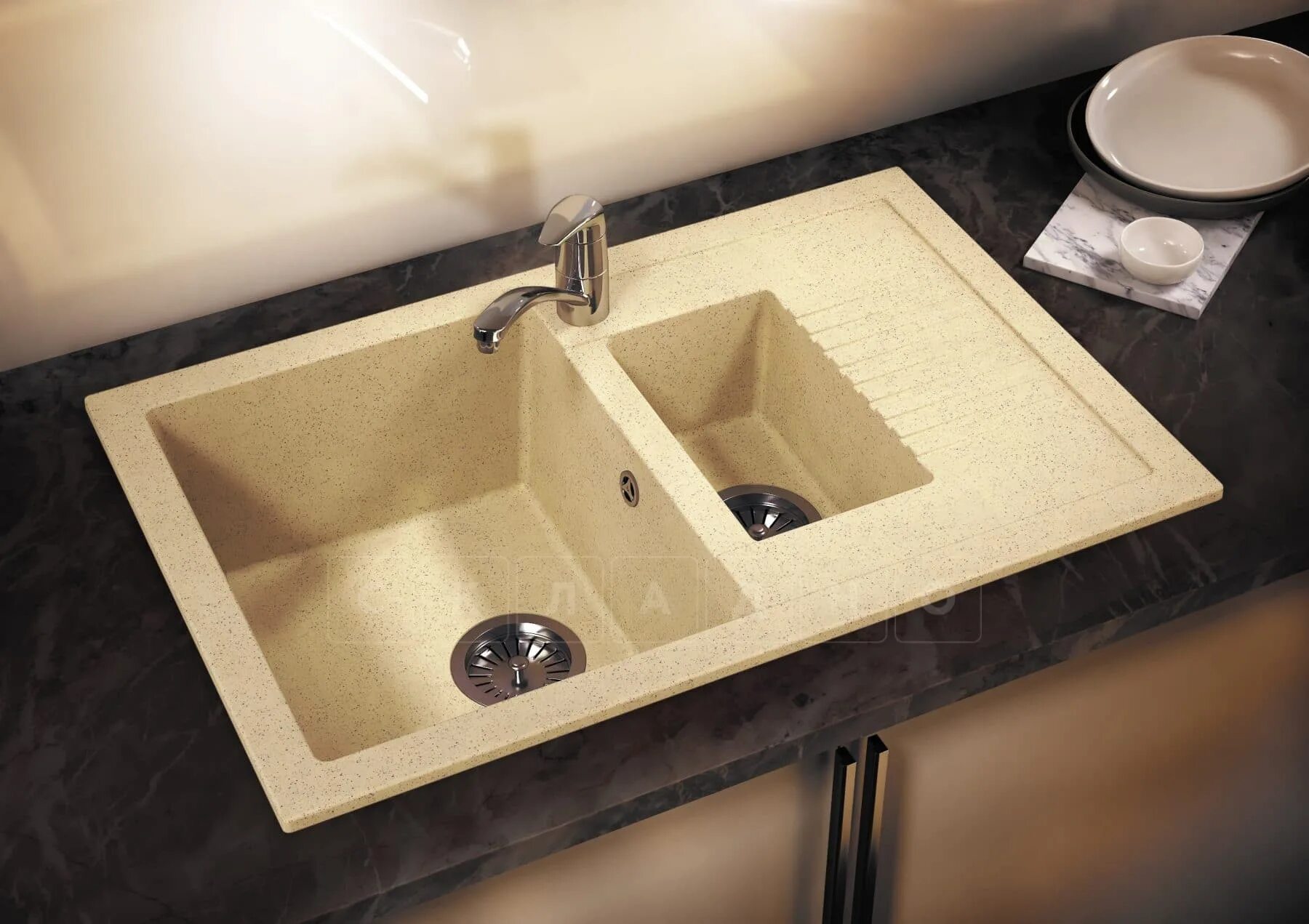 Кухонные мойки из искусственного камня фото Кухонная мойка POLYGRAN Brig-770 из искусственного камня 77х50 см с двумя чашами