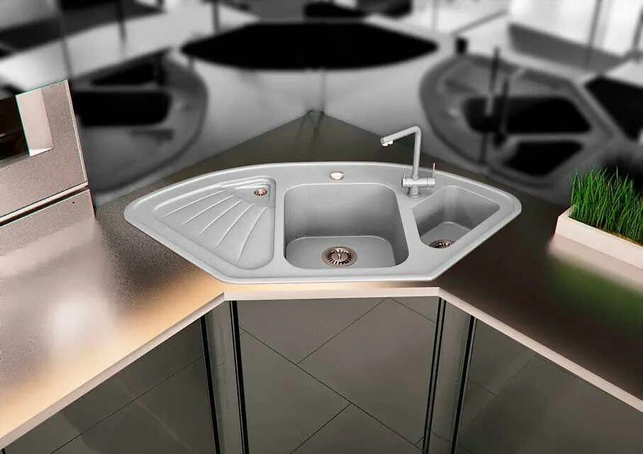 Кухонные мойки в углу фото Искусственный камень: преимущества кухонных моек для современной кухни