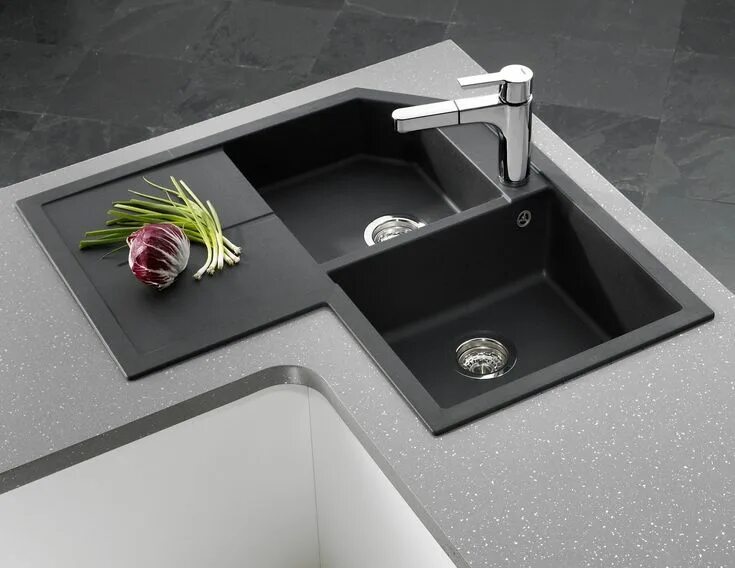 Кухонные мойки в углу фото Blanco 400575 Metra 9E 2 Bowl Corner Silgranit Sink with Drainboard - Anthracite