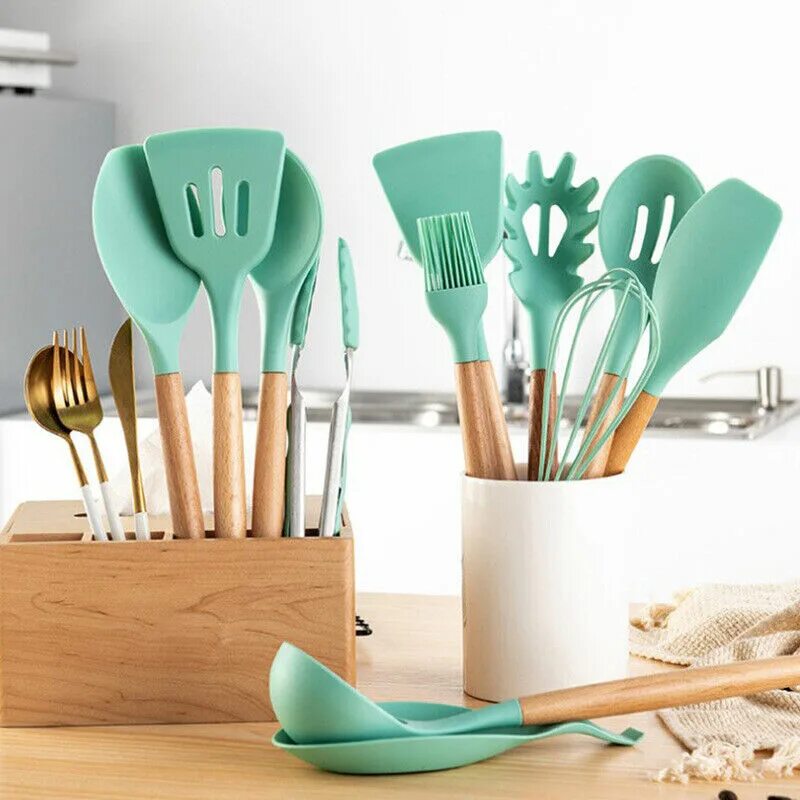 Кухонные наборы фото и цены 12 Pcs Kitchen Utensil Set for Cooking Baking & Mixing Non-Stick Wood/Silicone e