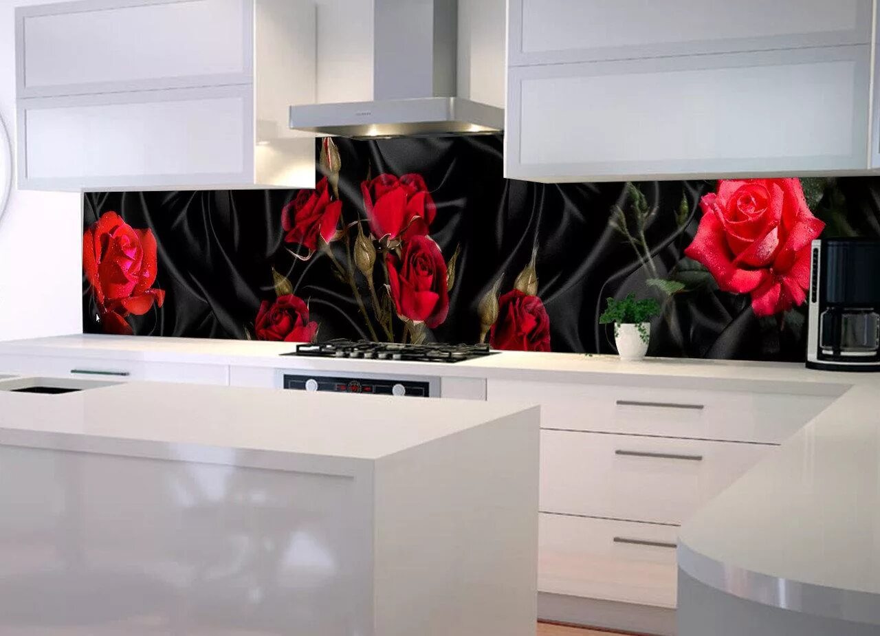 Кухонные панели фото Кухонный Фартук Роза Tassin Фотопечать Розы Черный Шелк Наклейка на Стеновую Пан