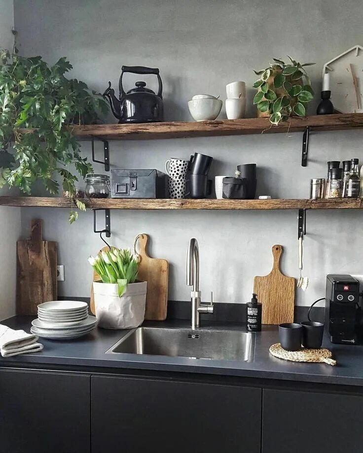 Кухонные полки в стиле лофт Pin by Claudia on home Rustic kitchen, Dark wood shelves, Kitchen style