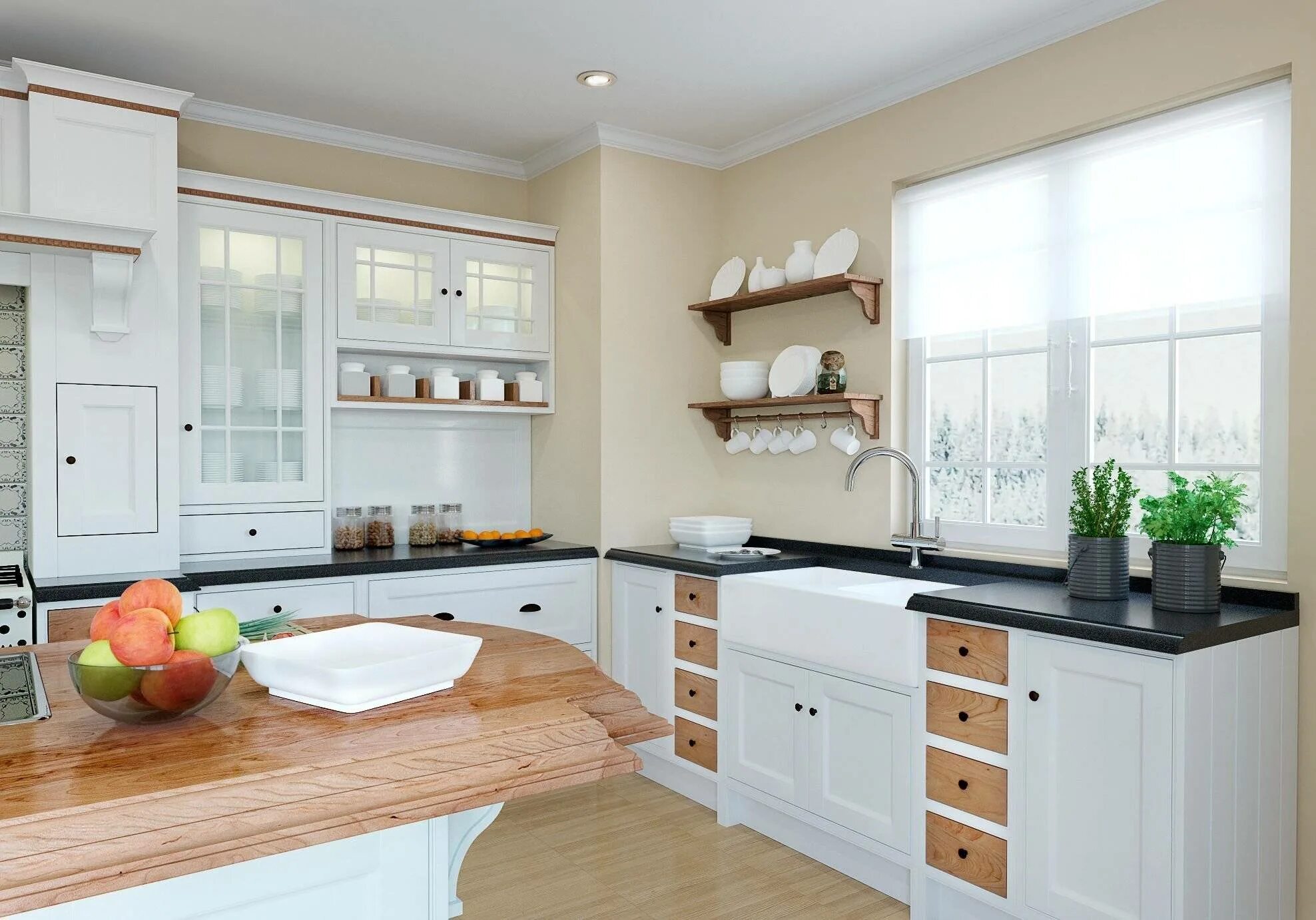 Кухонные проекты фото Кухня без навесных шкафов в загородном доме: 20 фото интерьеров, советы по дизай