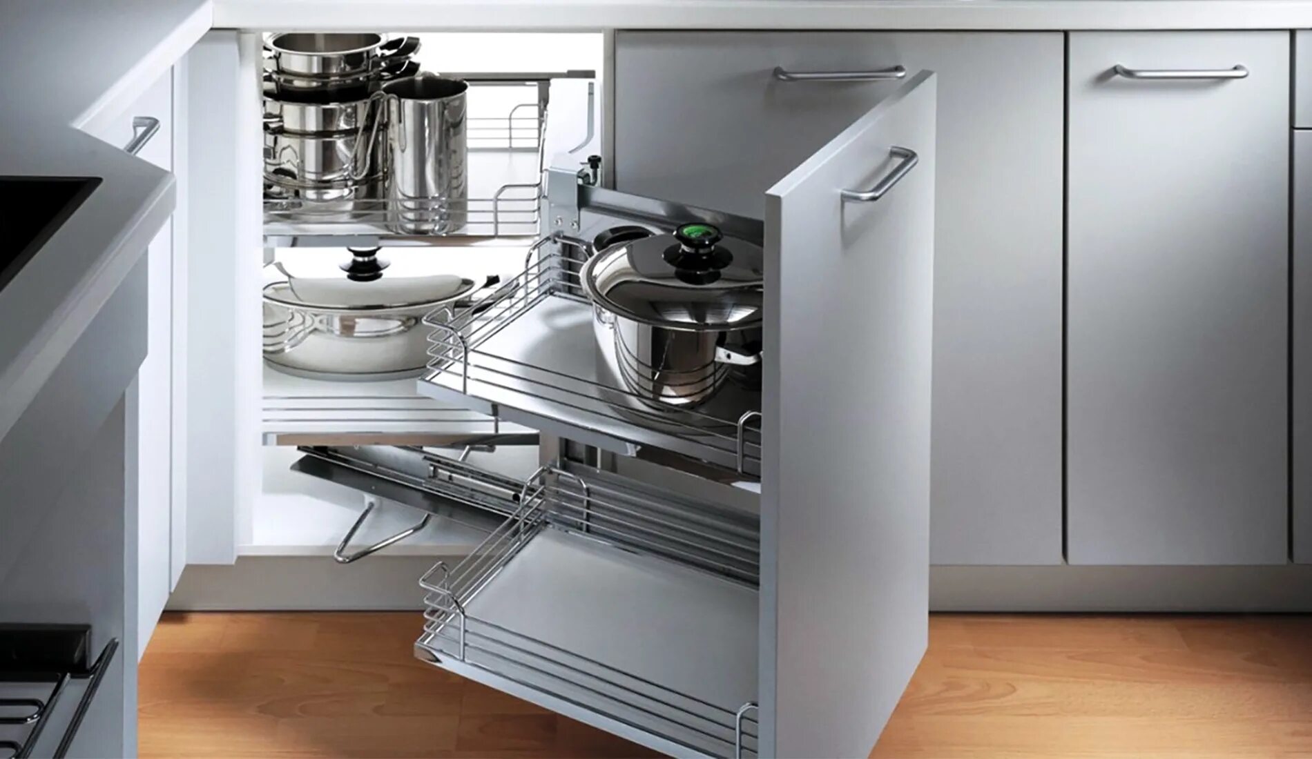 Кухонные шкафы наполнение варианты фото Угловая кухня Стокгольм, петли Sensys от Hettich (Германия), цена от 251 350 руб