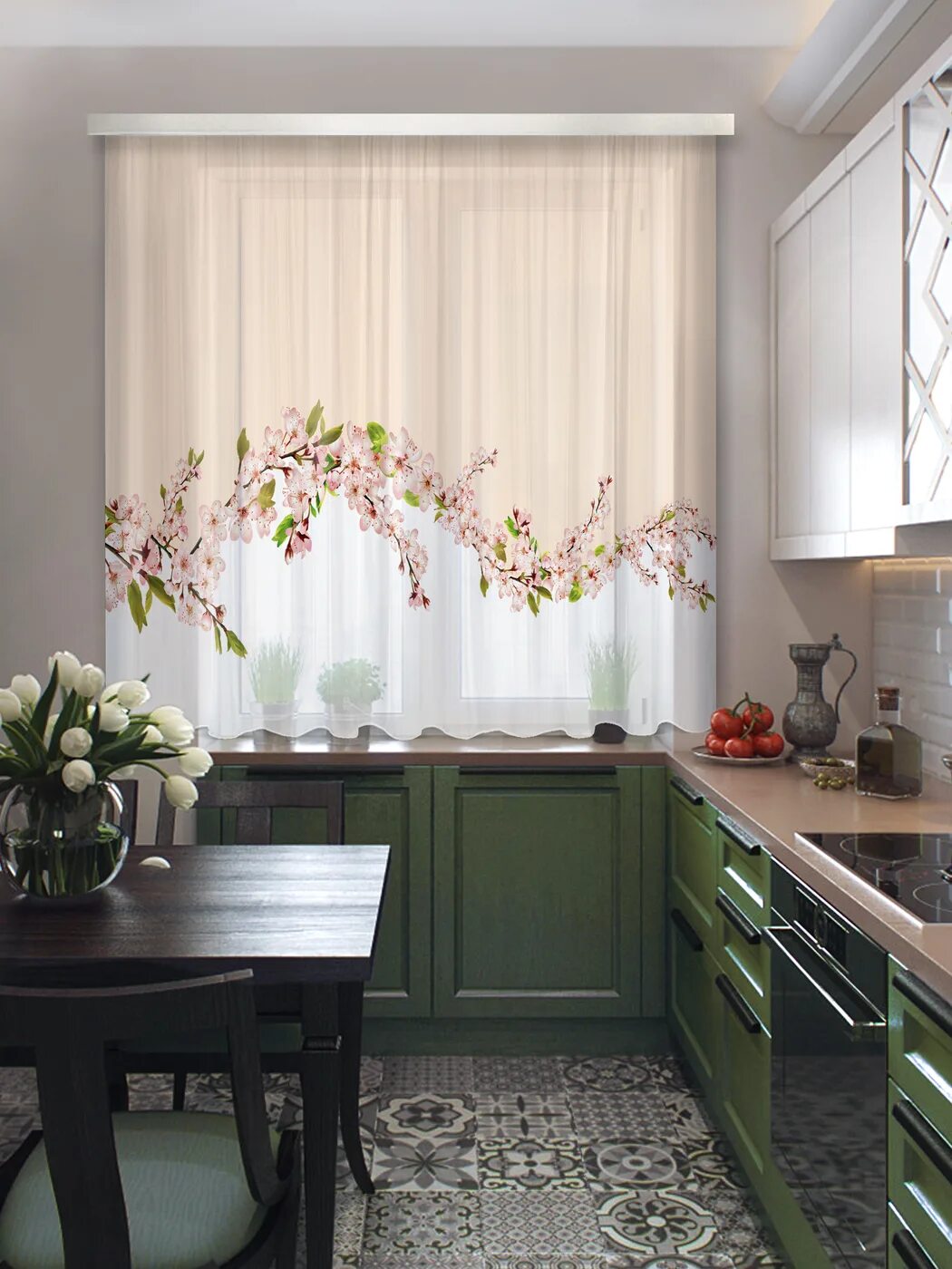 Кухонные шторы 2024 фото Штора для кухни ТД Текстиль Цветы_100822 170х300см, розовый, белый, Вуаль купить