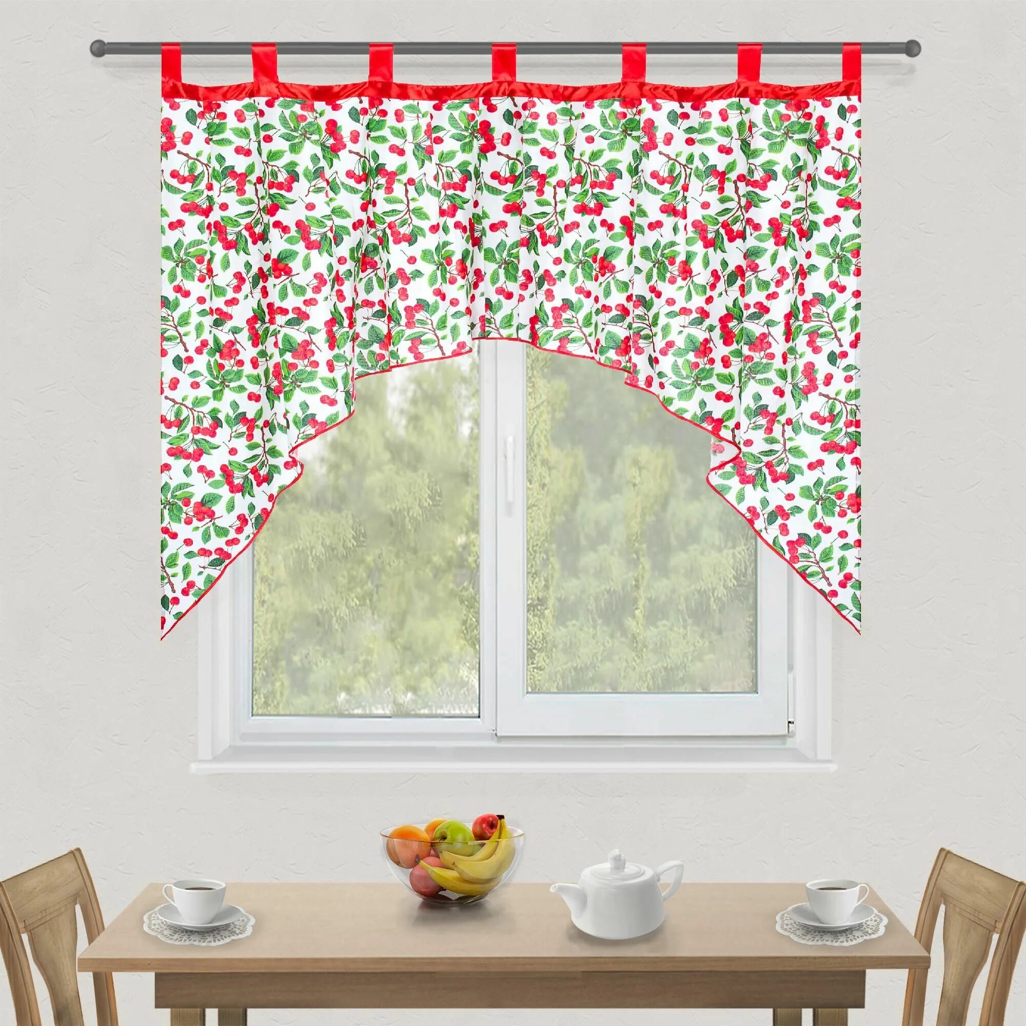 Кухонные шторы до подоконника на валберис фото Штора на петлях для кухни "Вишни" 150х140 см - купить в Алматы по цене 3100 тенг