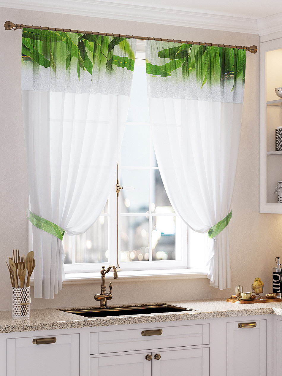 Кухонные шторы фото Купить комплект штор "Балио" белый, зеленый по цене 2850 руб. с доставкой по Мос
