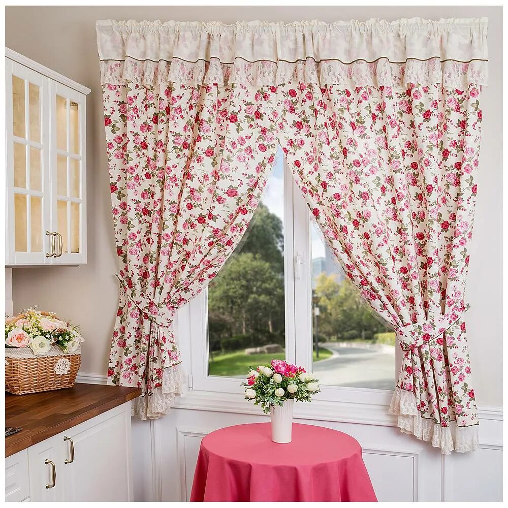 Кухонные шторы фото Купить штора кухонная с подхватами "роза" 145х180 см - 2шт. в интернет магазине